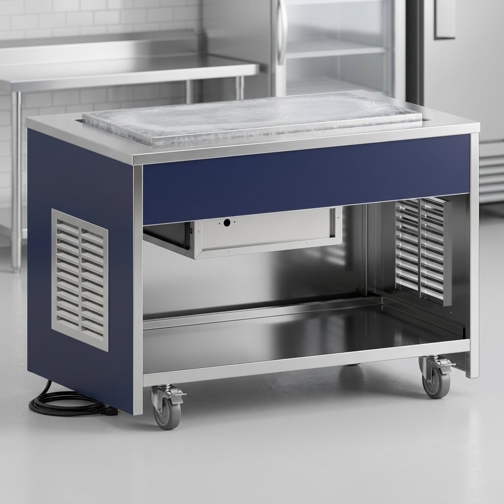 This image showcases the Atlas Metal frost top unit's exceptionally durable and easy-to-clean stainless steel construction, engineered for lasting performance in commercial environments.
