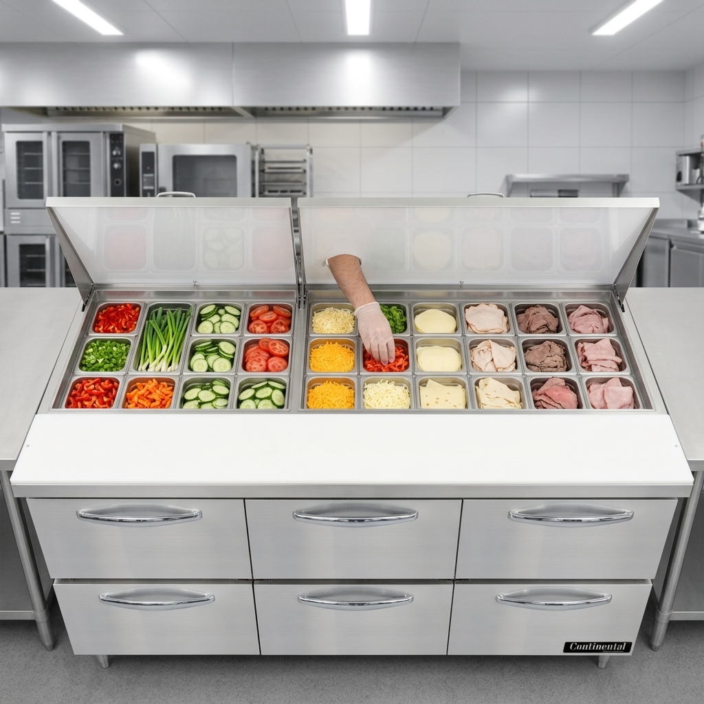 This image showcases the Mighty Top design, offering thirty 1/6 size pans and a spacious 8-inch cutting board for ultimate ingredient organization and prep efficiency.