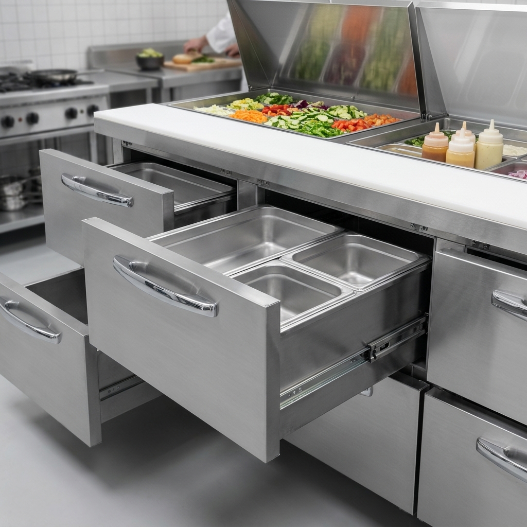 Discover the impressive and flexible storage capacity of this sandwich unit's six deep drawers, designed to streamline your kitchen operations.