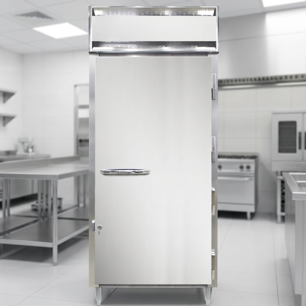 This image highlights the freezer's efficient, self-contained, top-mounted refrigeration system, designed for simplified installation.