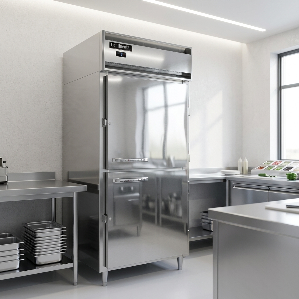 This image showcases the sleek, extra-wide reach-in freezer operating efficiently in a modern kitchen, reflecting its use of environmentally friendly refrigerant.