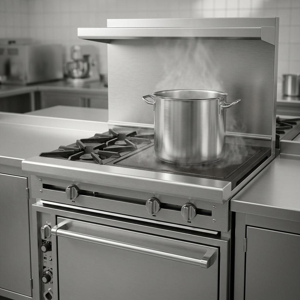 The gas range's cast iron even heat hot top ensures consistent, controlled heating across its entire surface for perfect culinary results.
