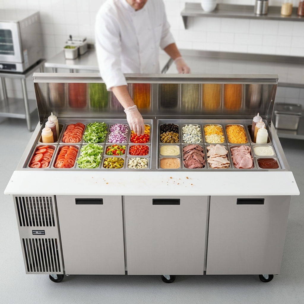 Experience unparalleled ingredient organization and accessibility with the Randell mega top design, featuring space for 36 pans on a single surface.