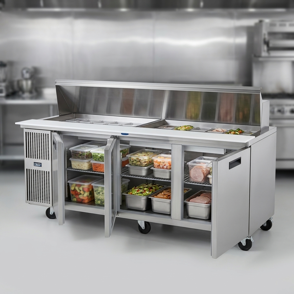 Showcasing ample three-section reach-in storage, this refrigerated prep table keeps your bulk ingredients perfectly chilled and organized.