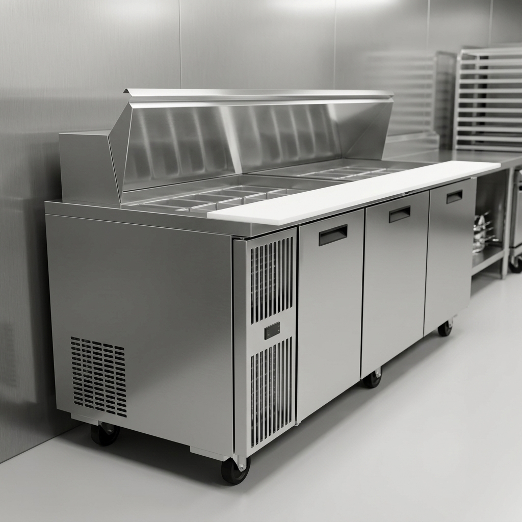 This image highlights the prep table's side-mounted refrigeration system, designed for easy access and efficient, zero-clearance installation in any commercial kitchen.