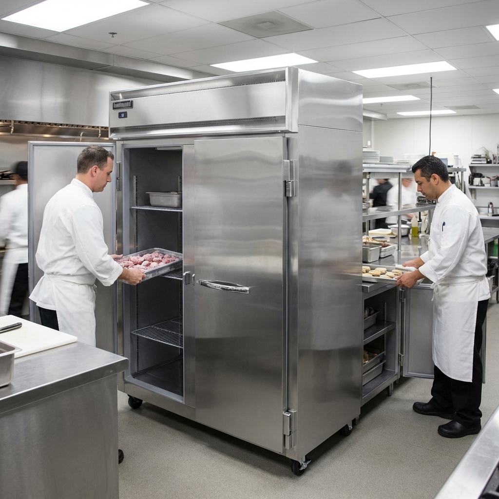 This image highlights the pass-thru design of the commercial freezer, optimizing kitchen workflow with convenient access from two separate sides.