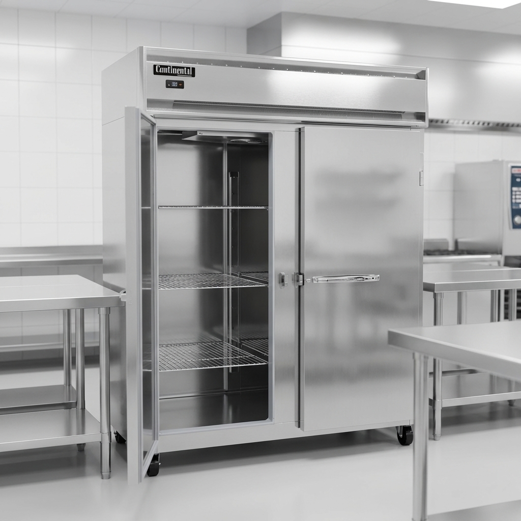 This image beautifully showcases the Continental Refrigerator's durable stainless steel construction, inside and out, perfect for any professional kitchen.