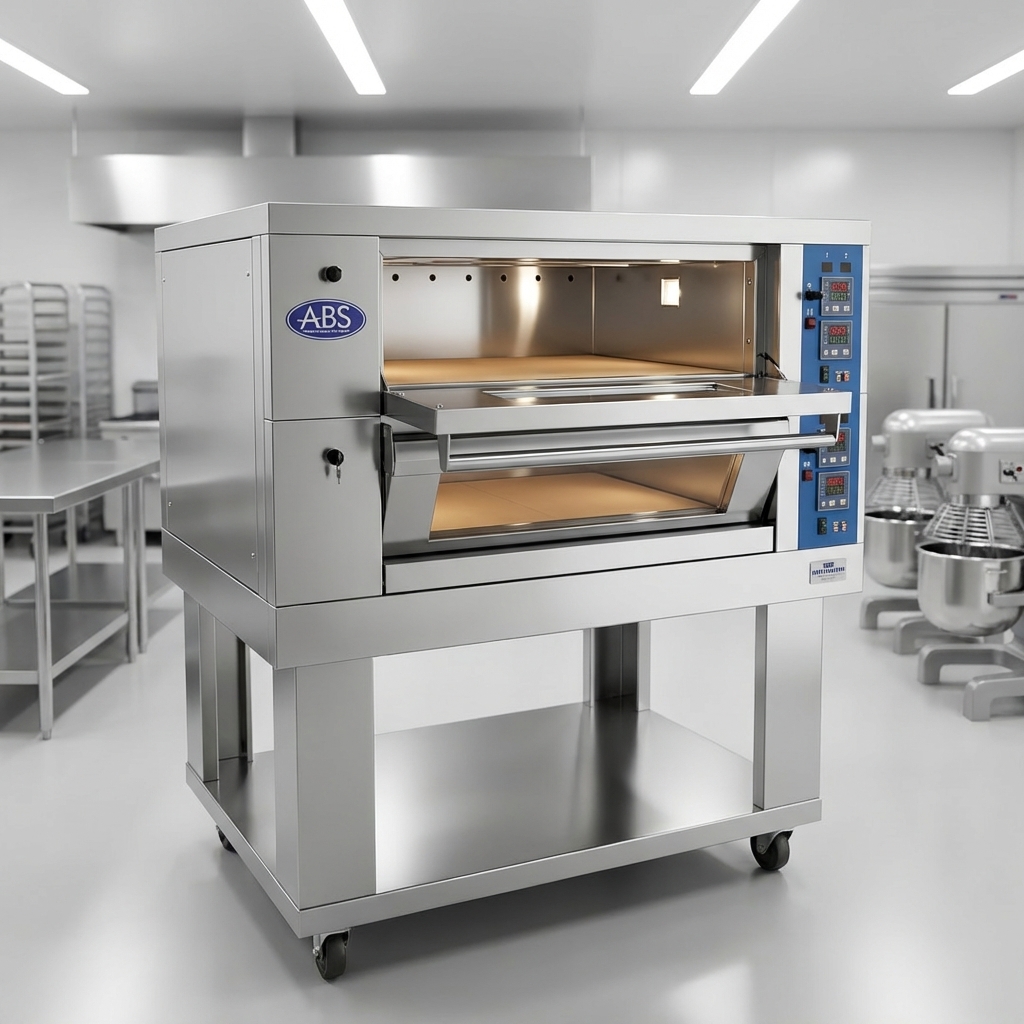 Showcasing the ABSEDO-282 Two-Deck Electric Deck Oven, its robust stainless steel construction ensures durability and effortless cleaning for any bustling bakery.