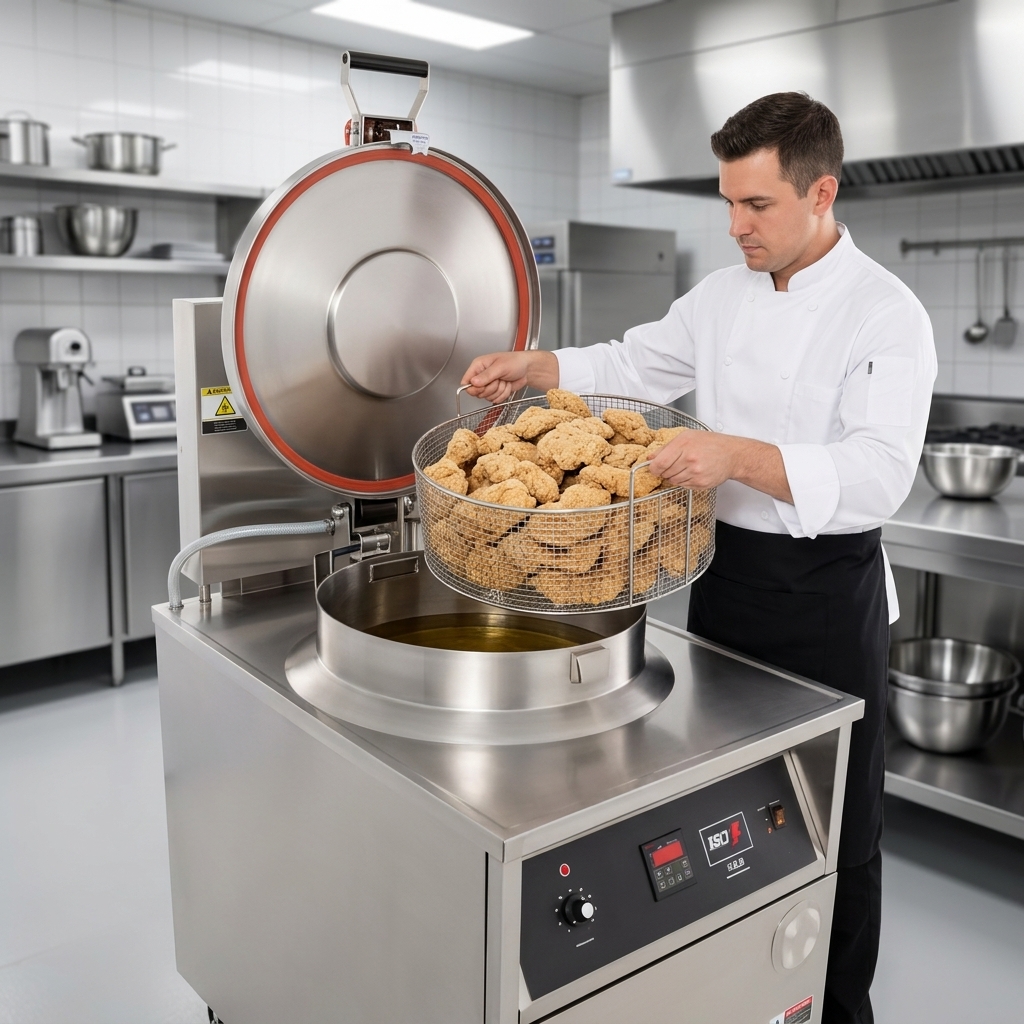 Experience high-volume frying as the BKI FKM-F Extra-Large Electric Pressure Fryer handles substantial quantities with its impressive capacity.