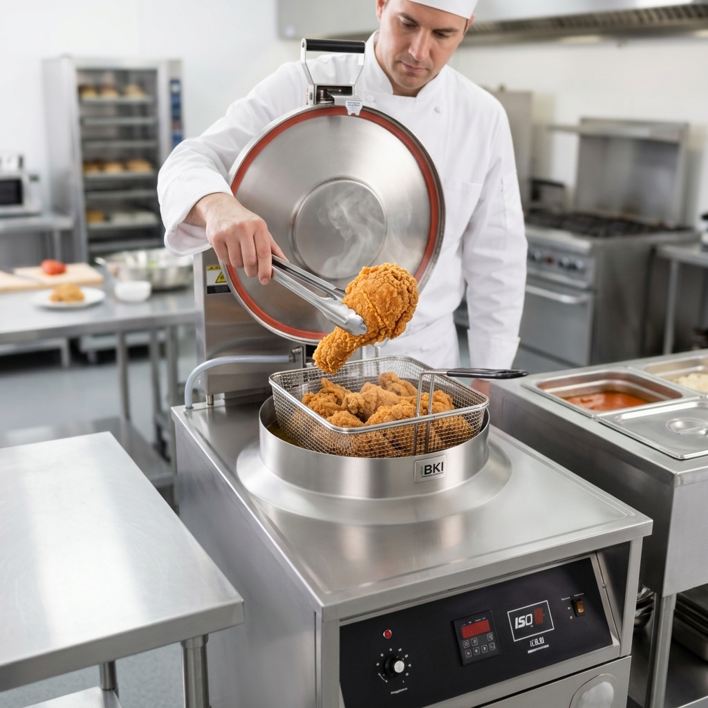 Witness the exceptional tender and moist results with a perfectly crispy exterior, achieved through the fryer's controlled low-pressure cooking.