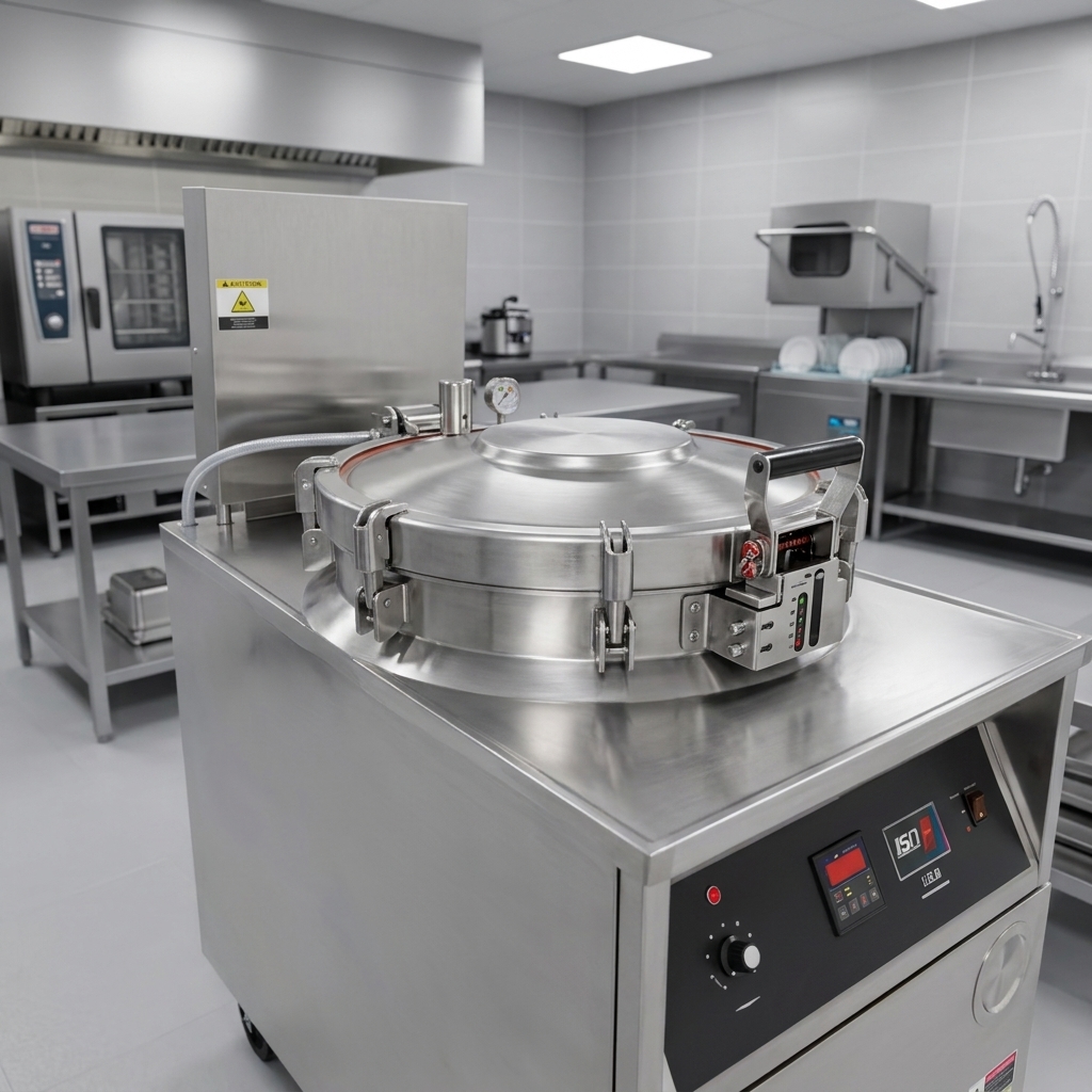 This image highlights the BKI FKM-F Electric Pressure Fryer's secure pressure-regulated lid interlock system, ensuring safe operation during every cooking cycle.