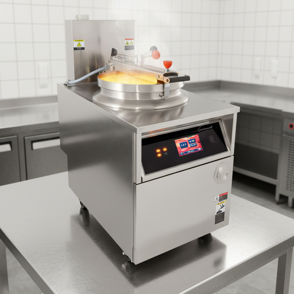 This image highlights the fryer's powerful and efficient gas operation, ensuring rapid heating and quick recuperation times for maximum output.
