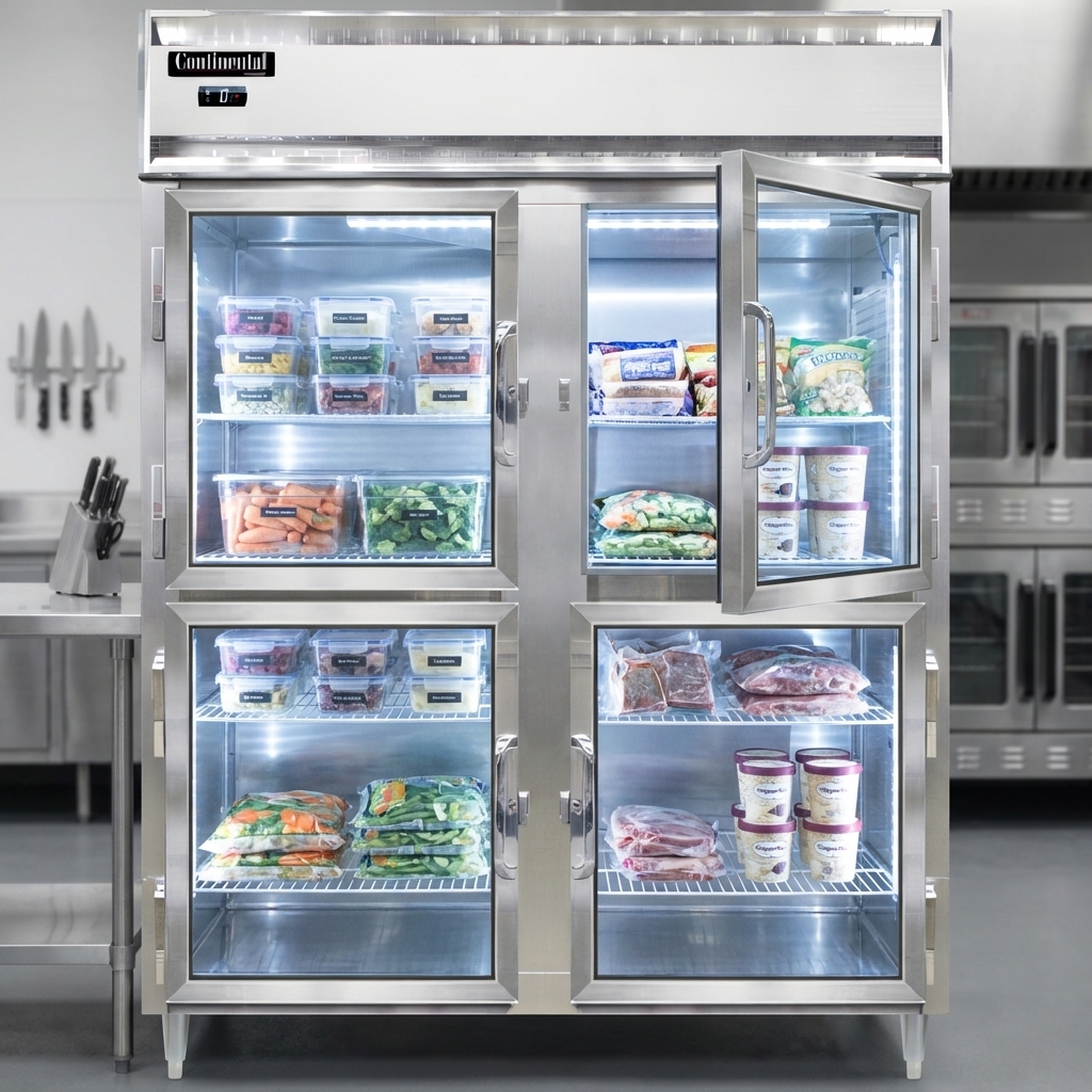 This wide, two-section reach-in freezer features half-height glass doors that provide excellent visibility and efficient access to all your frozen essentials.