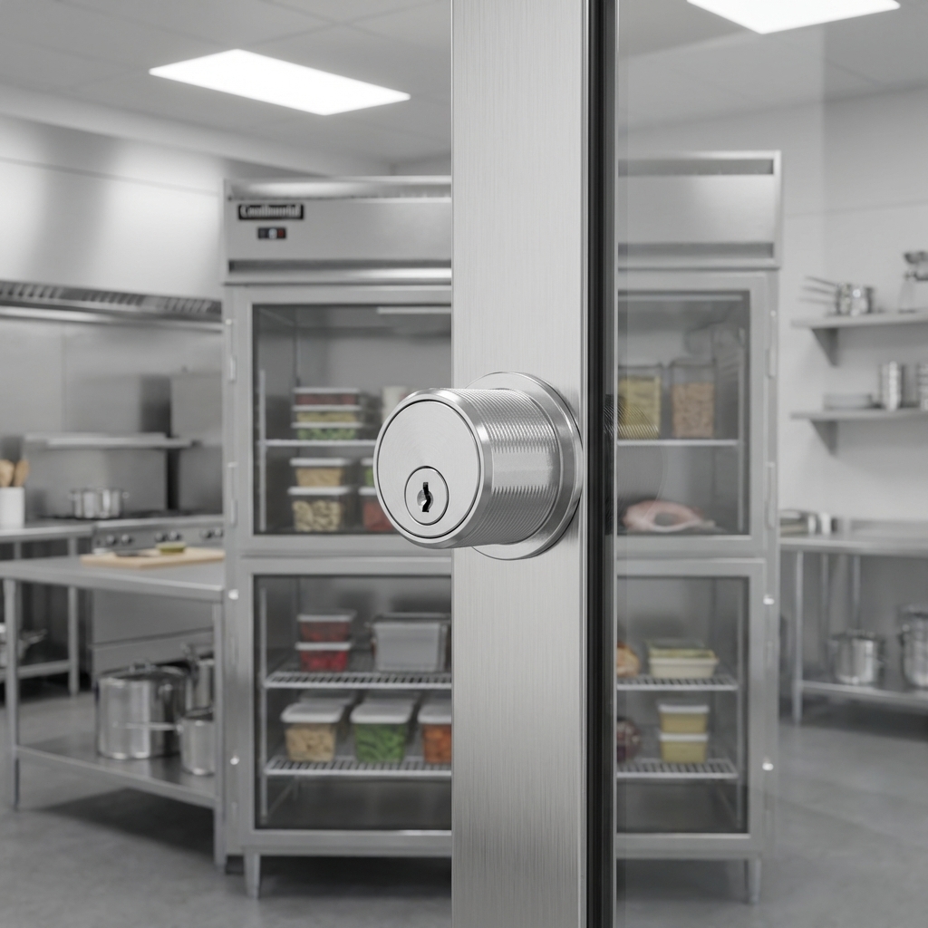 Each half-height glass door on this commercial freezer features a robust cylinder lock, ensuring your valuable ingredients are protected from unauthorized access.