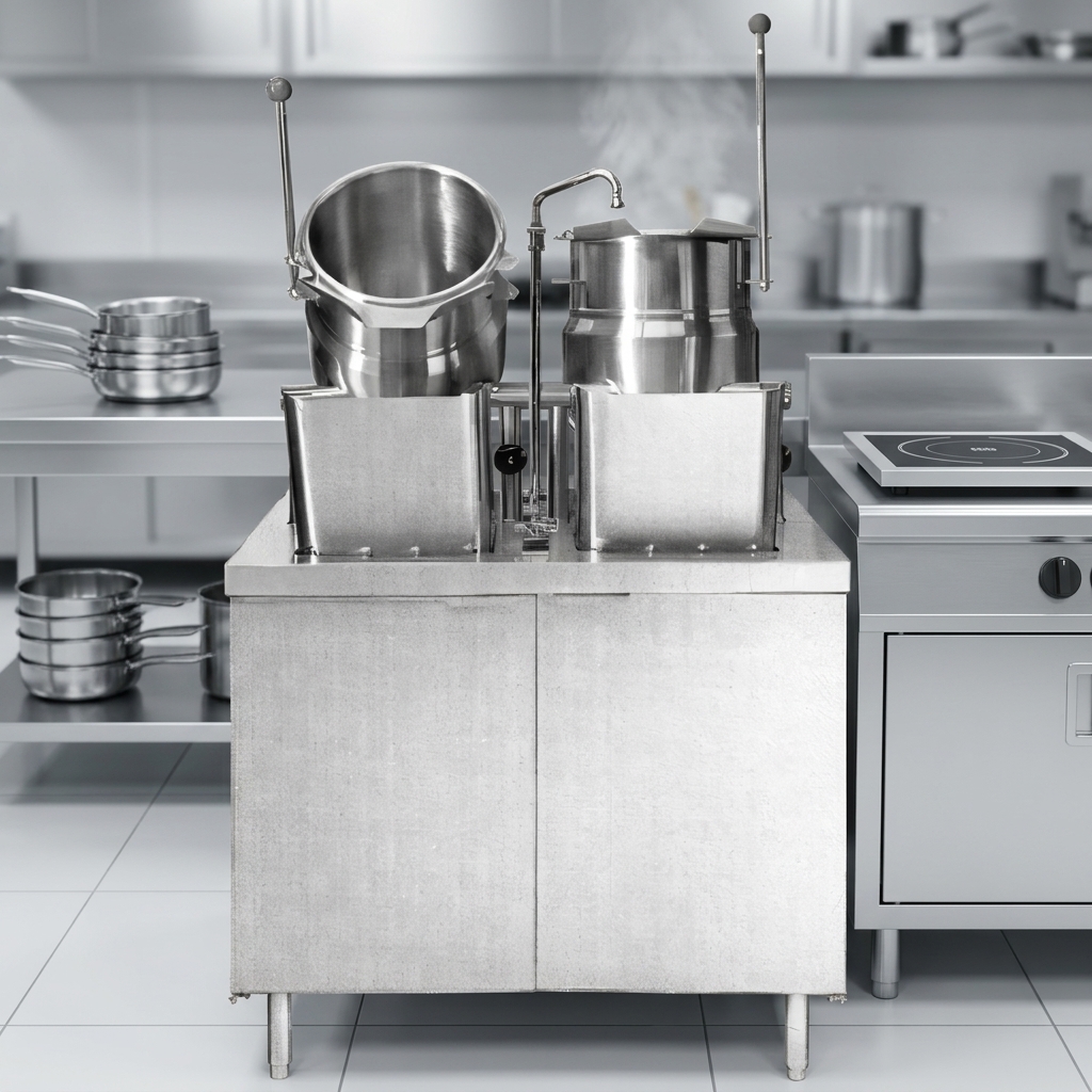 This image highlights the dual 6-gallon tilting kettles, enabling versatile and efficient preparation of multiple dishes in a commercial kitchen.
