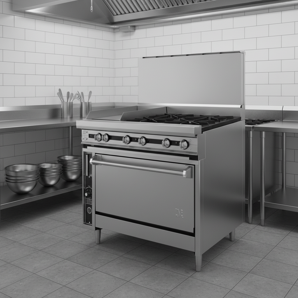 This image highlights the range's all-stainless steel exterior, ensuring heavy-duty construction, durability, and easy cleaning in any demanding commercial kitchen.