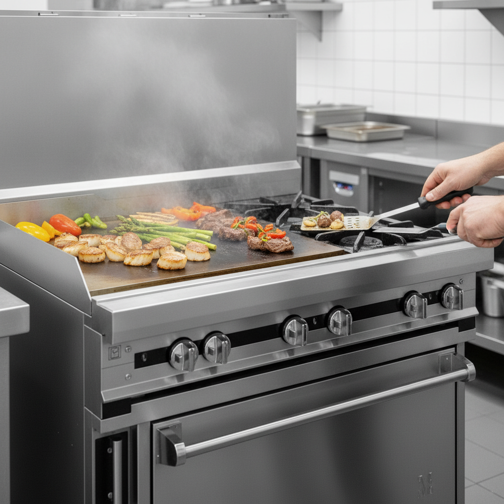 Experience perfect, consistent cooking with the integrated 24-inch plancha, showcasing its powerful and even heat distribution across its robust surface.
