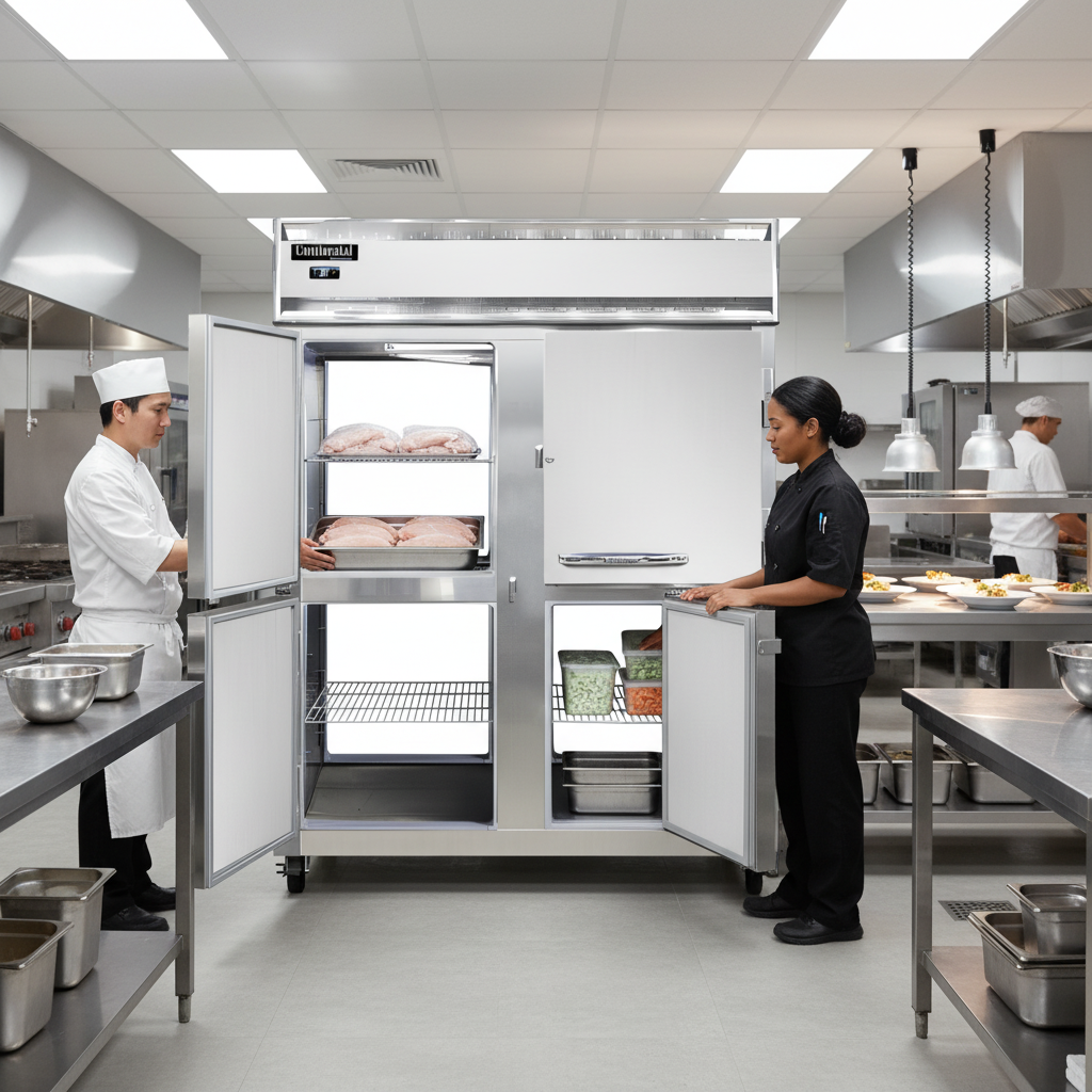 Observe the versatile pass-thru design of this extra-wide freezer, enabling efficient loading from prep and convenient unloading for service.