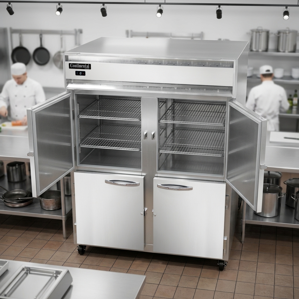 This professional shot highlights the freezer's efficient self-contained refrigeration system, seamlessly integrated for a clean kitchen aesthetic.