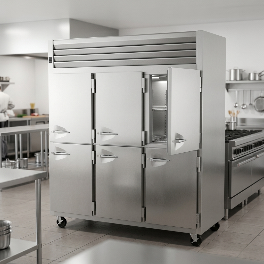 This image showcases the Traulsen freezer's durable, easy-to-clean heavy-gauge stainless steel construction, inside and out.