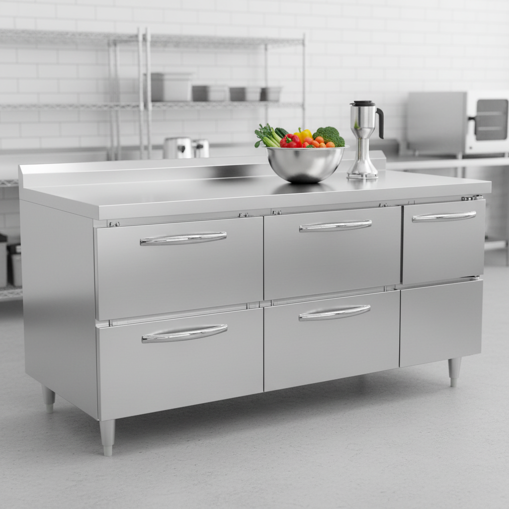This image highlights the spacious, robust, and hygienic reinforced stainless steel worktop, perfect for demanding commercial food preparation.