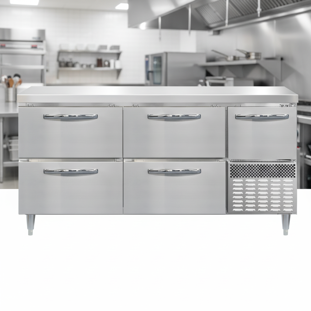 This worktop freezer boasts a premium stainless steel construction on its entire exterior and interior for exceptional durability and effortless cleaning in any commercial kitchen.