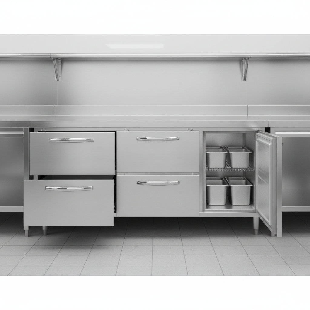 This worktop freezer offers versatile storage with its convenient four-drawer and one-door configuration, perfect for any busy commercial kitchen.