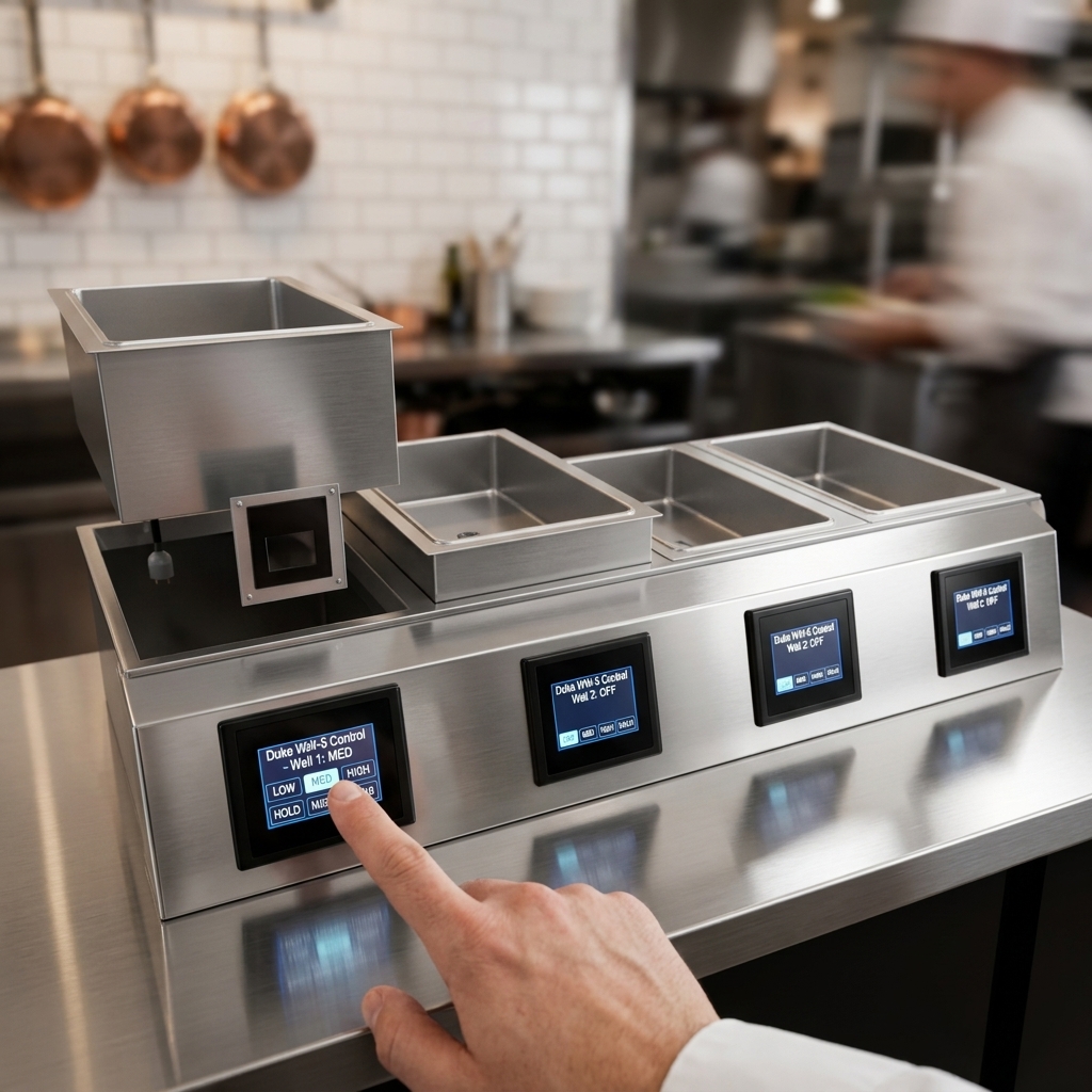 This image highlights the intuitive touch screen control of the Duke WW-5 waterless hot food well unit, providing precise and effortless temperature management.