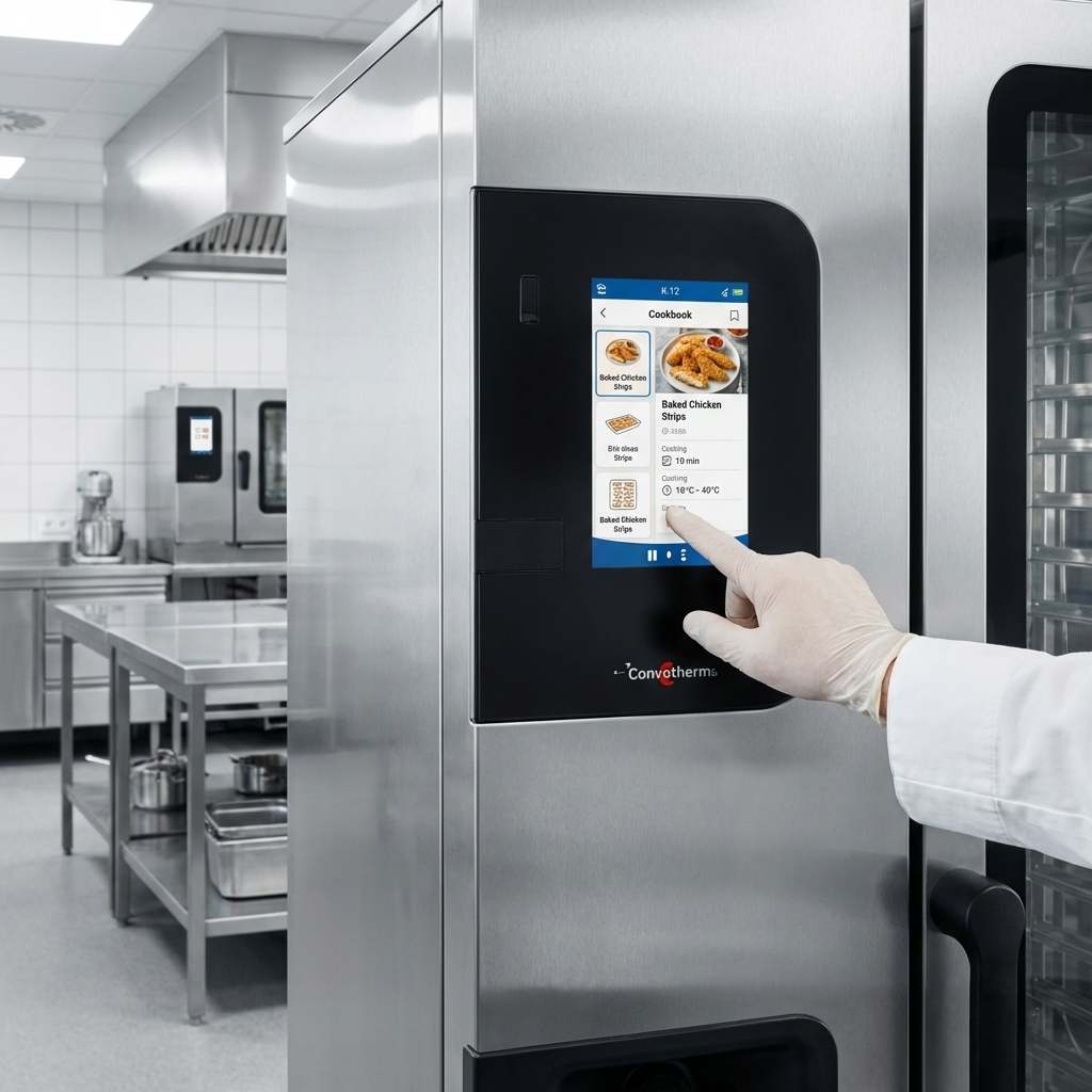 Easily prepare delicious and consistent school meals using the Convotherm K12 Combi Oven's integrated digital display, showcasing its specialized K-12 cookbook.