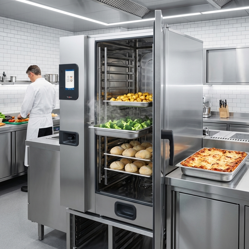 Explore diverse culinary possibilities with this combi oven, featuring hot air, steam, combi-steam, and retherm cooking modes for ultimate versatility.