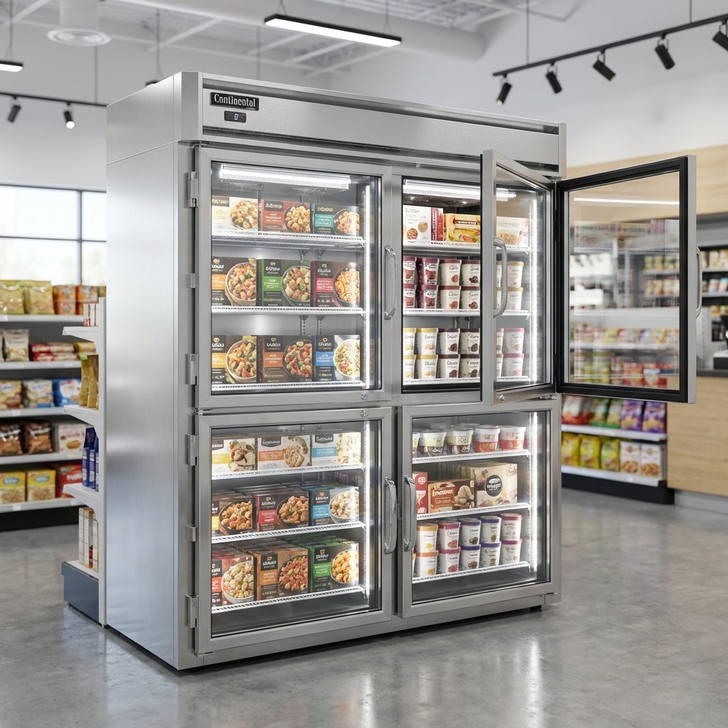 This extra-extra-wide display freezer features wide hinged glass half doors, providing clear product visibility, minimizing cold air loss, and ensuring security.
