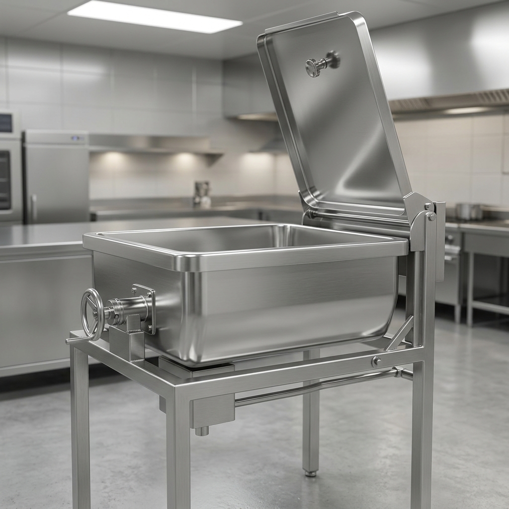 This image showcases the exceptional durability and hygiene of the tilting skillet's complete 304 stainless steel construction, built to withstand the rigors of any commercial kitchen.