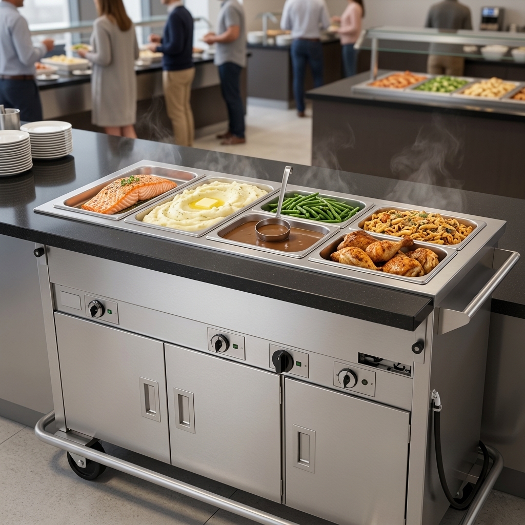 This image showcases the hot food counter's five sealed wells, ensuring superior heat retention and preventing spills or contamination during busy service.