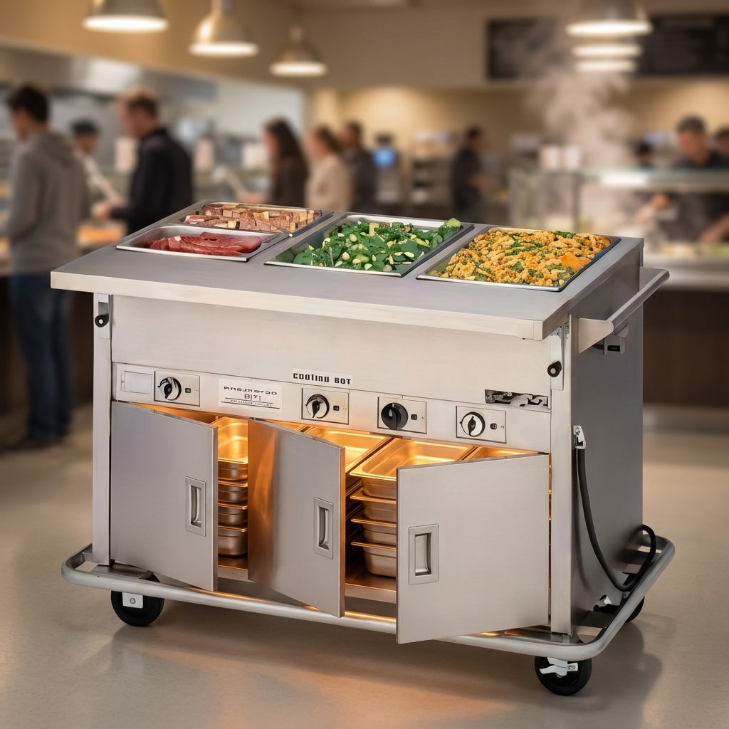 Keep extra pans and plates perfectly warm and ready for service with the convenient heated under storage of this mobile hot food counter.