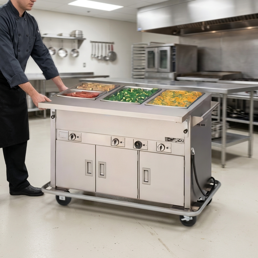 Effortlessly reposition your hot food service with this counter's robust mobile design, featuring smooth-rolling 5-inch plate casters for flexible placement.