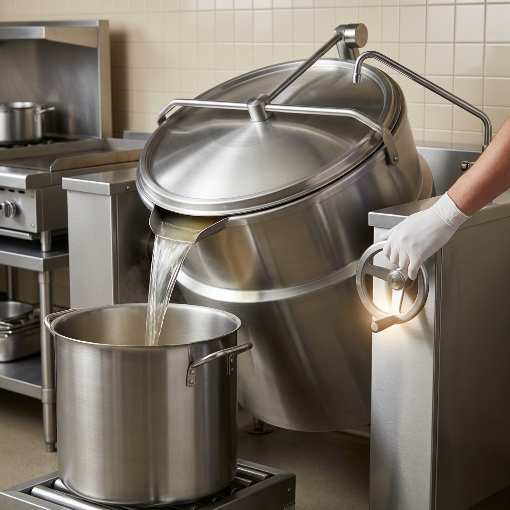 Experience effortless and controlled pouring with the steam kettle's intuitive crank tilt mechanism, making large batch operations safer and more efficient.