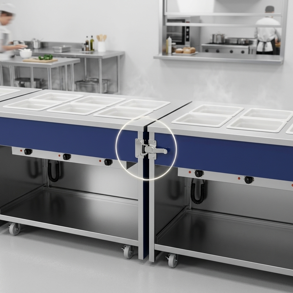 This image demonstrates the Atlas Metal INFIH-6 mobile hot food unit's positive self-locking device, securely joining multiple units for stable, seamless alignment.