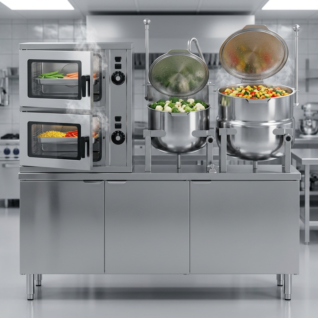 This commercial steamer features both 6-gallon and 10-gallon kettle capacities, perfect for accommodating varied batch sizes and cooking requirements.