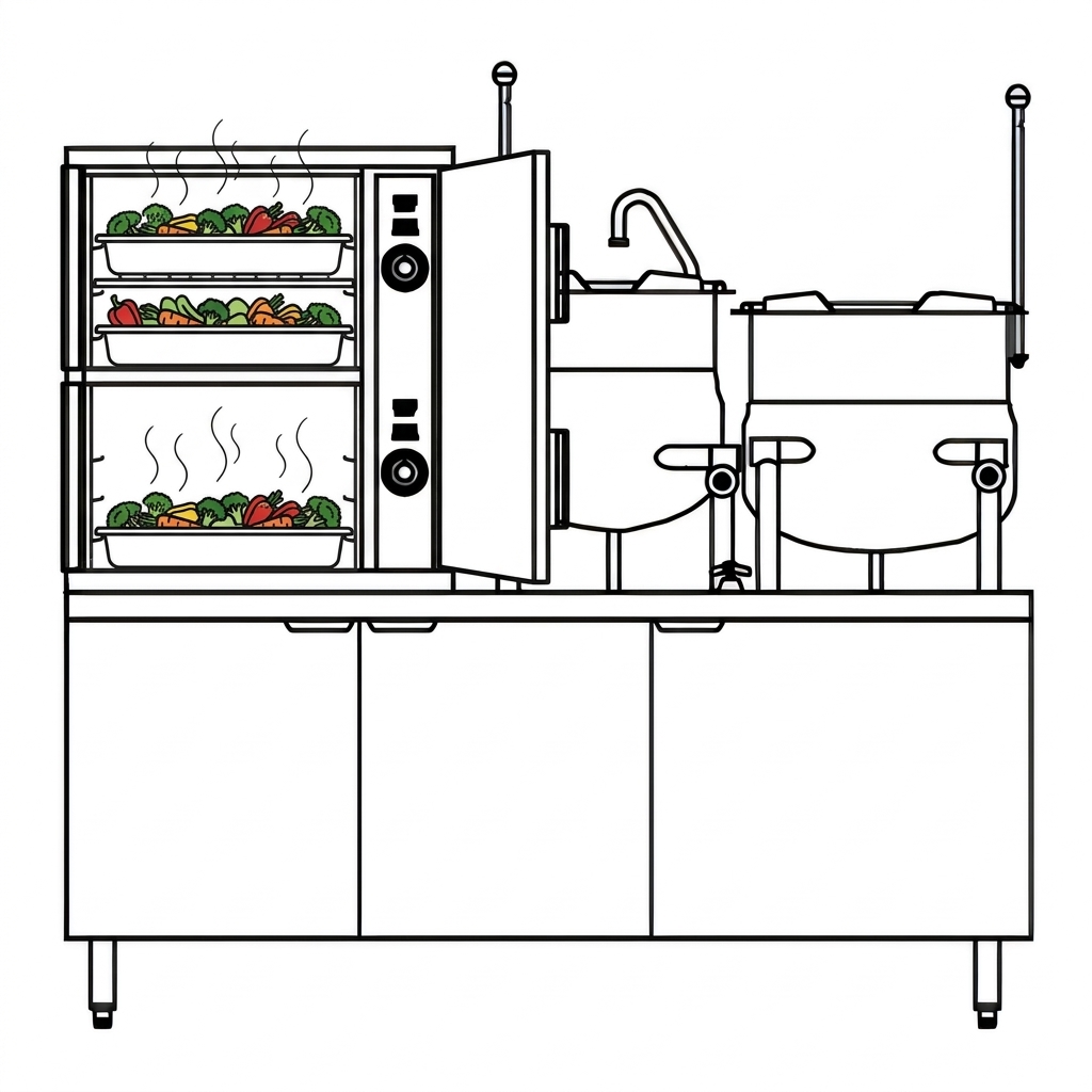 Showcasing high pan capacity, this steamer's compartments are filled with multiple full-size steam table pans, maximizing kitchen efficiency.