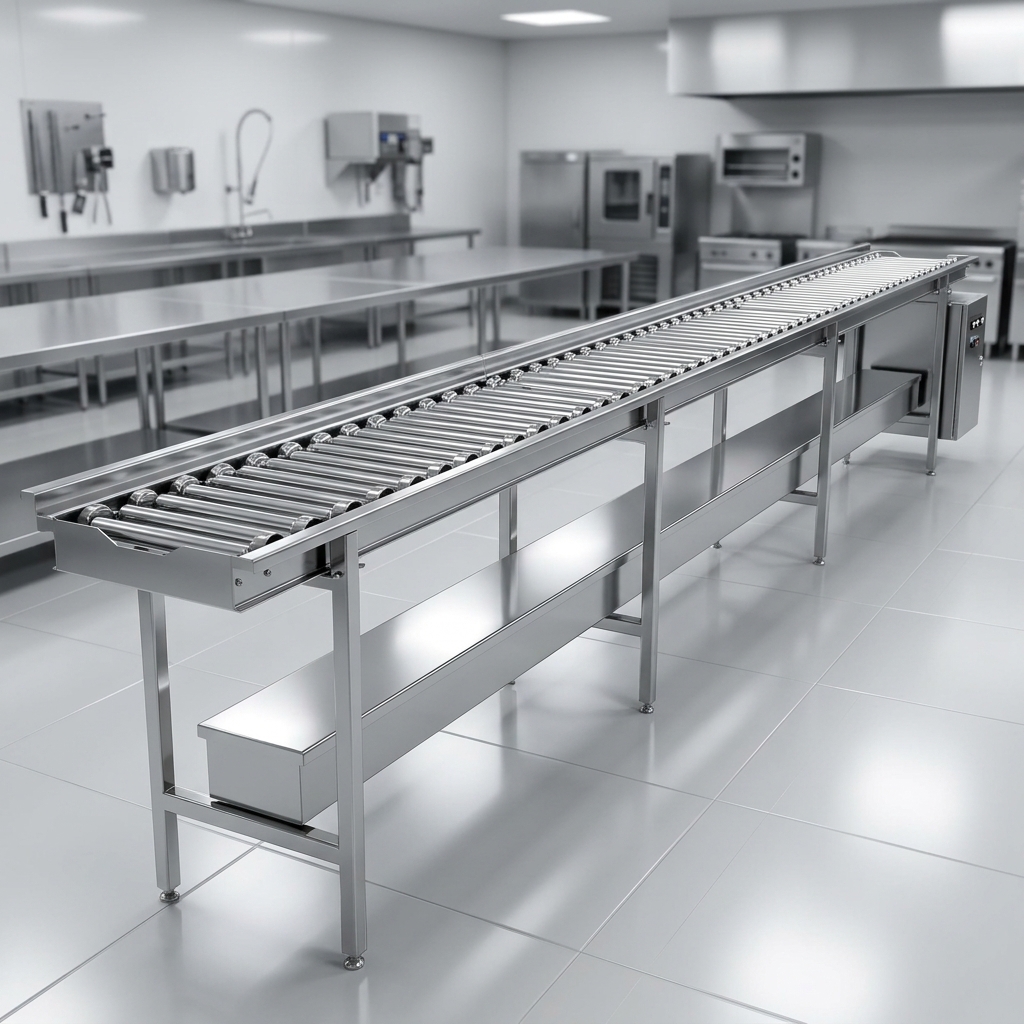 This image showcases the 18-foot tray make-up conveyor, highlighting its durable and hygienic stainless steel construction perfect for demanding commercial kitchens.