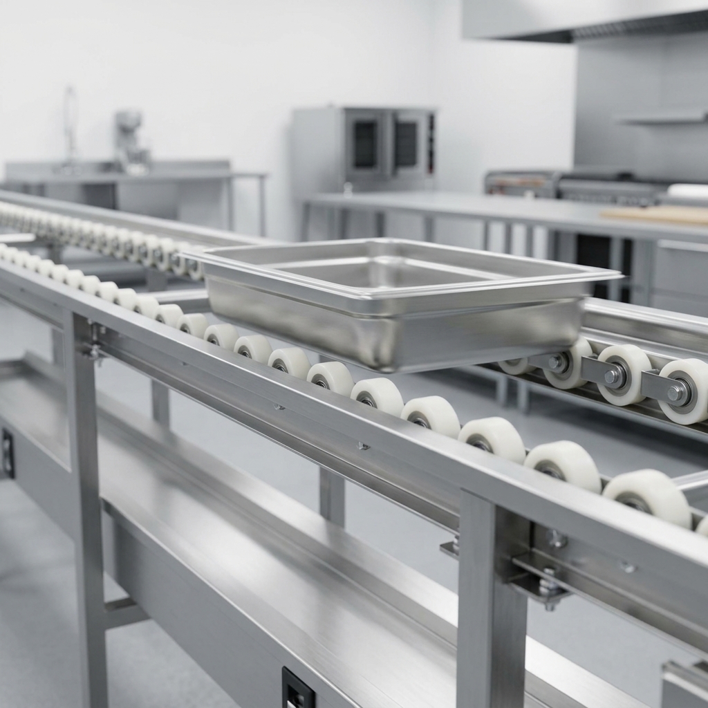 Experience the smooth, quiet efficiency of the 2-inch nylon skate wheels as trays glide effortlessly along this make-up conveyor.