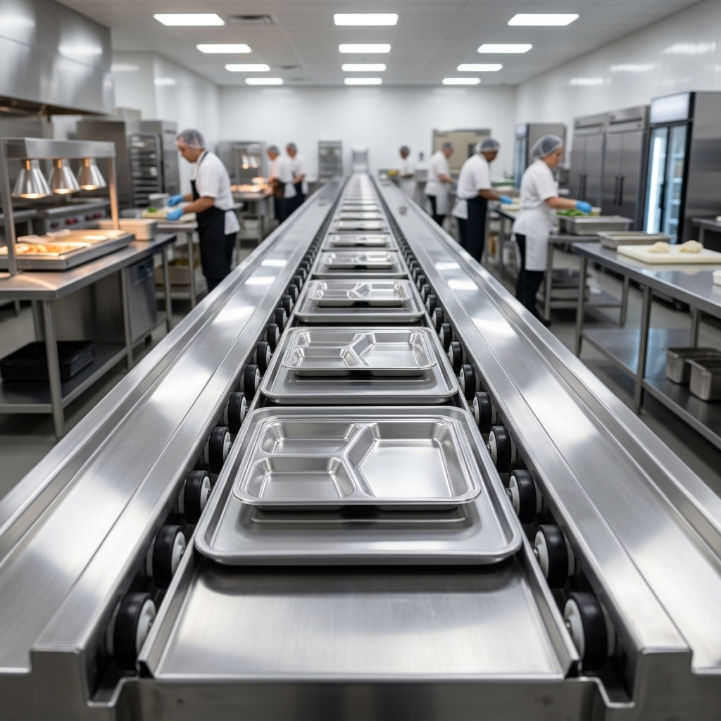 Showcasing its impressive 18-foot section, this stainless steel conveyor is perfectly suited for high-volume tray make-up in bustling commercial kitchens.