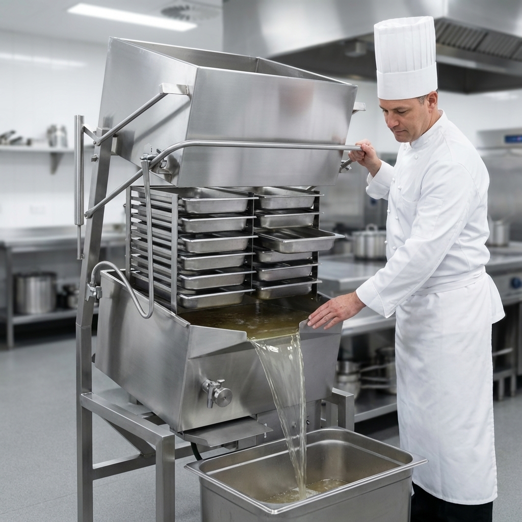 Experience the Skittle SK15-7's innovative tilting mechanism, engineered for effortless and safe pouring or cleaning of large capacities.