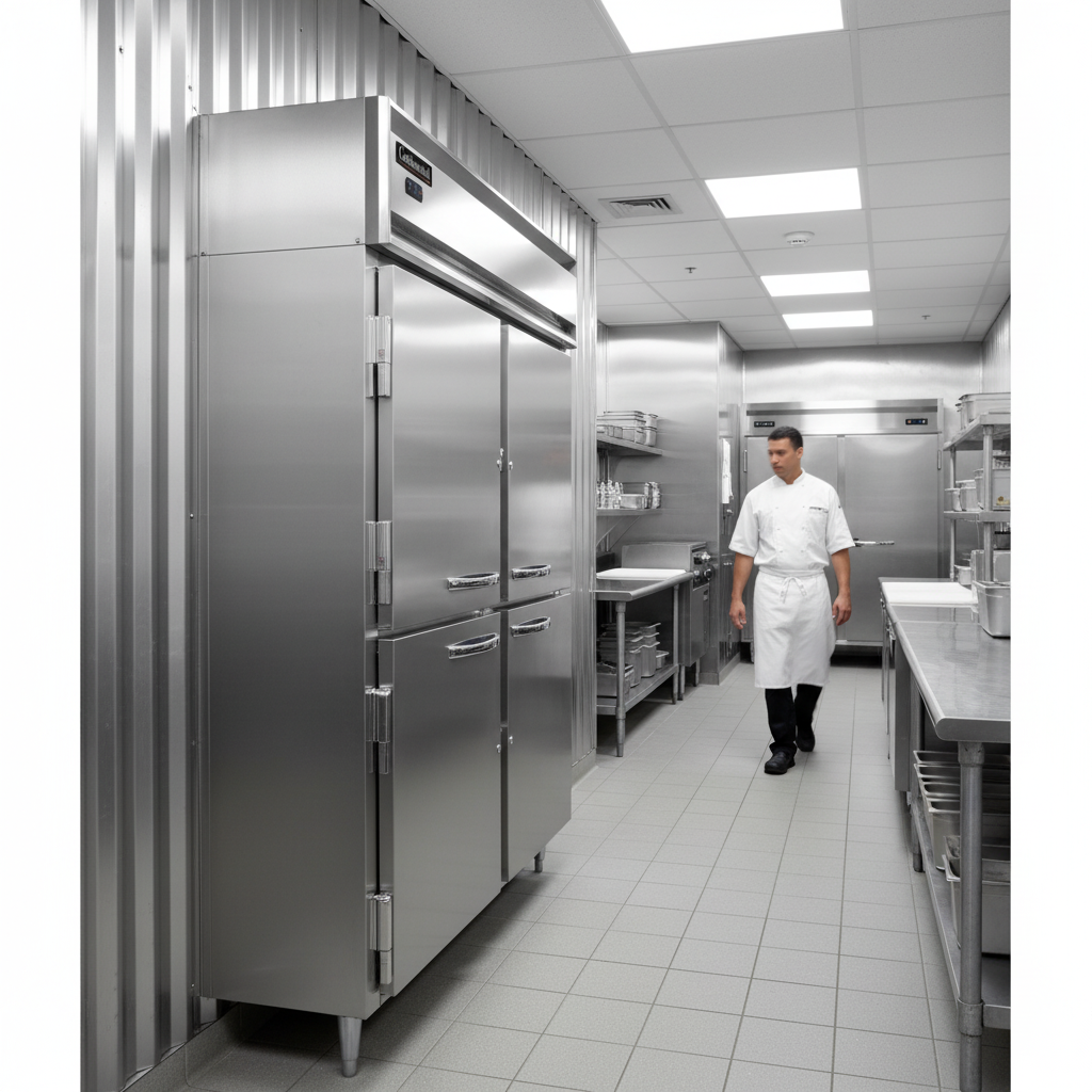 This image highlights the shallow depth design of the 57"W reach-in freezer, providing optimized workflow in tight kitchen spaces.