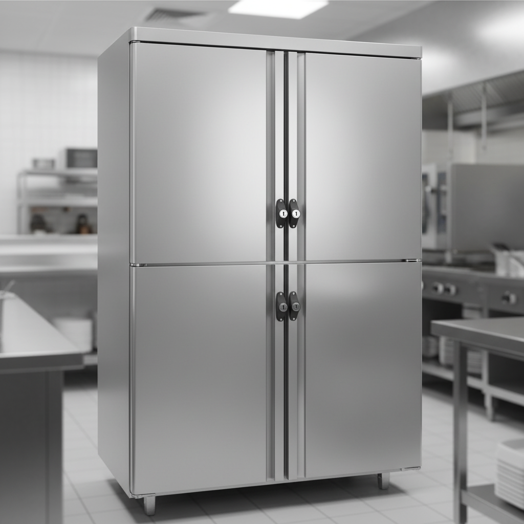 Showcasing maximum efficiency and security, this image highlights the freezer's wide half-height solid doors, complete with prominent cylinder locks.