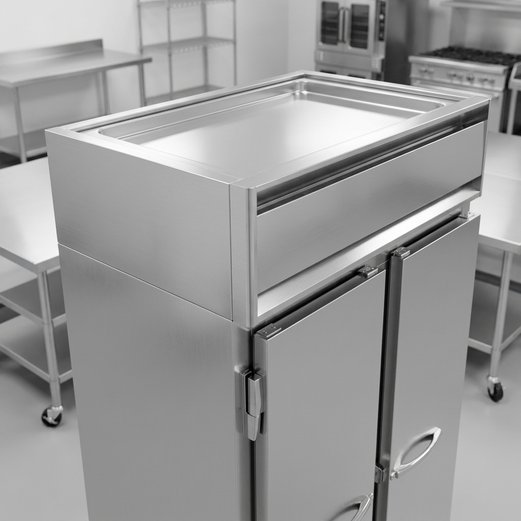 Observe the freezer's integrated, self-contained refrigeration system, designed for efficient operation and a clean, clutter-free kitchen environment.