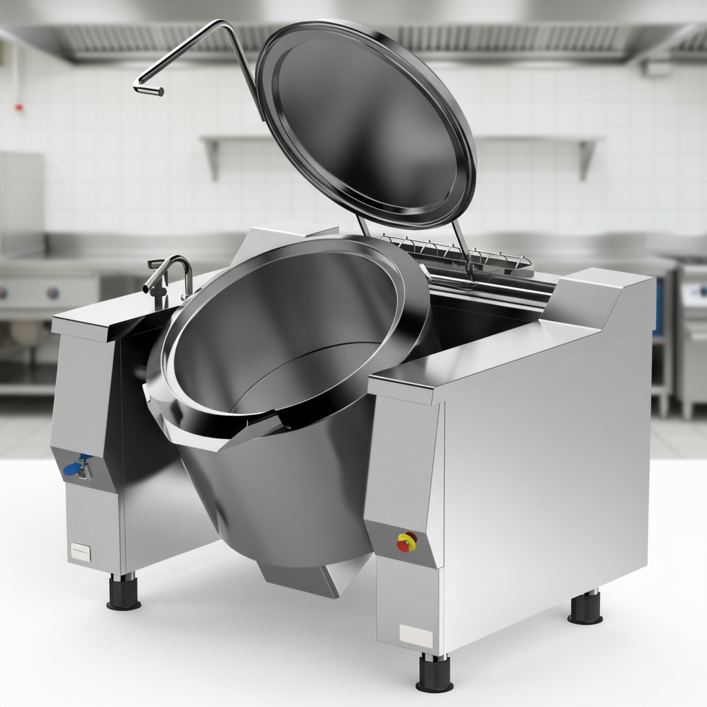 Experience the superior durability and effortless pouring provided by this braising pan's robust, tilting stainless steel cooking vessel.