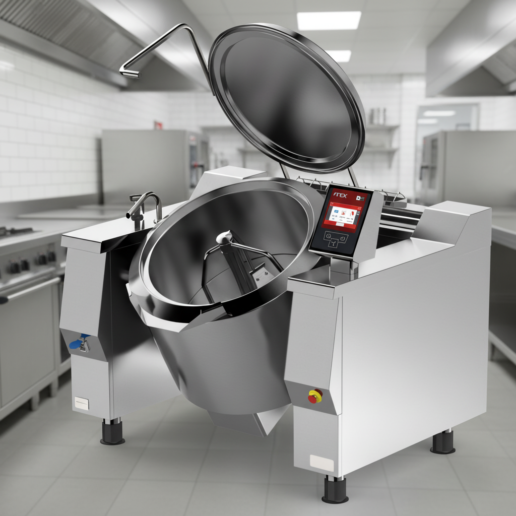 This image highlights the Cucimix braising pan's robust, self-supporting frame and elegant satin-finish AISI 304 stainless steel construction, built for enduring commercial performance.