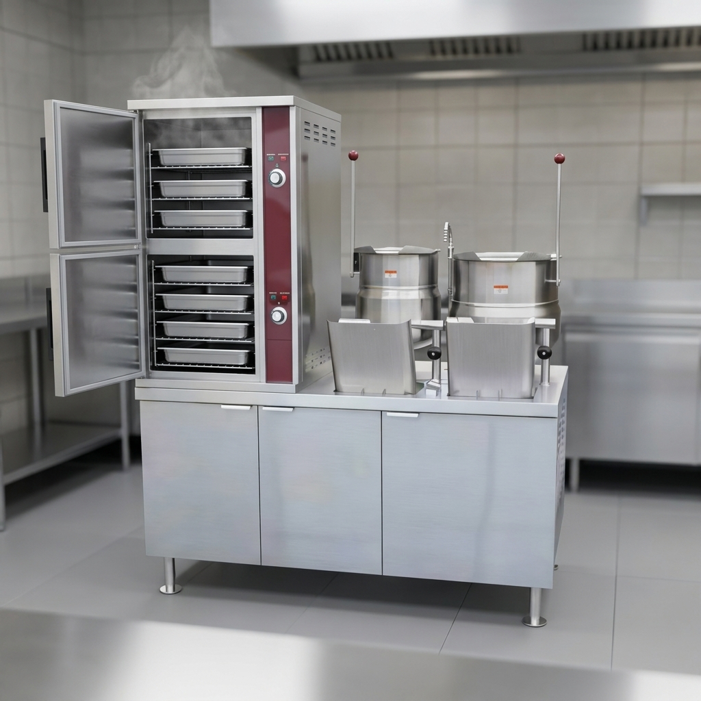 Observe the convection steamer's two spacious compartments, each designed to accommodate five full-size pans for high-volume kitchen efficiency.