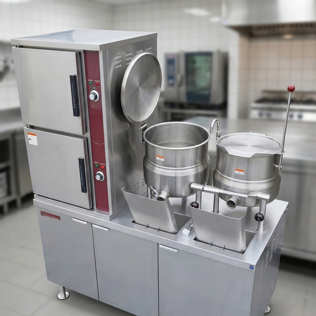 Observe the integrated dual kettle system on this convection steamer, offering both 6-gallon and 10-gallon capacities for diverse cooking demands.